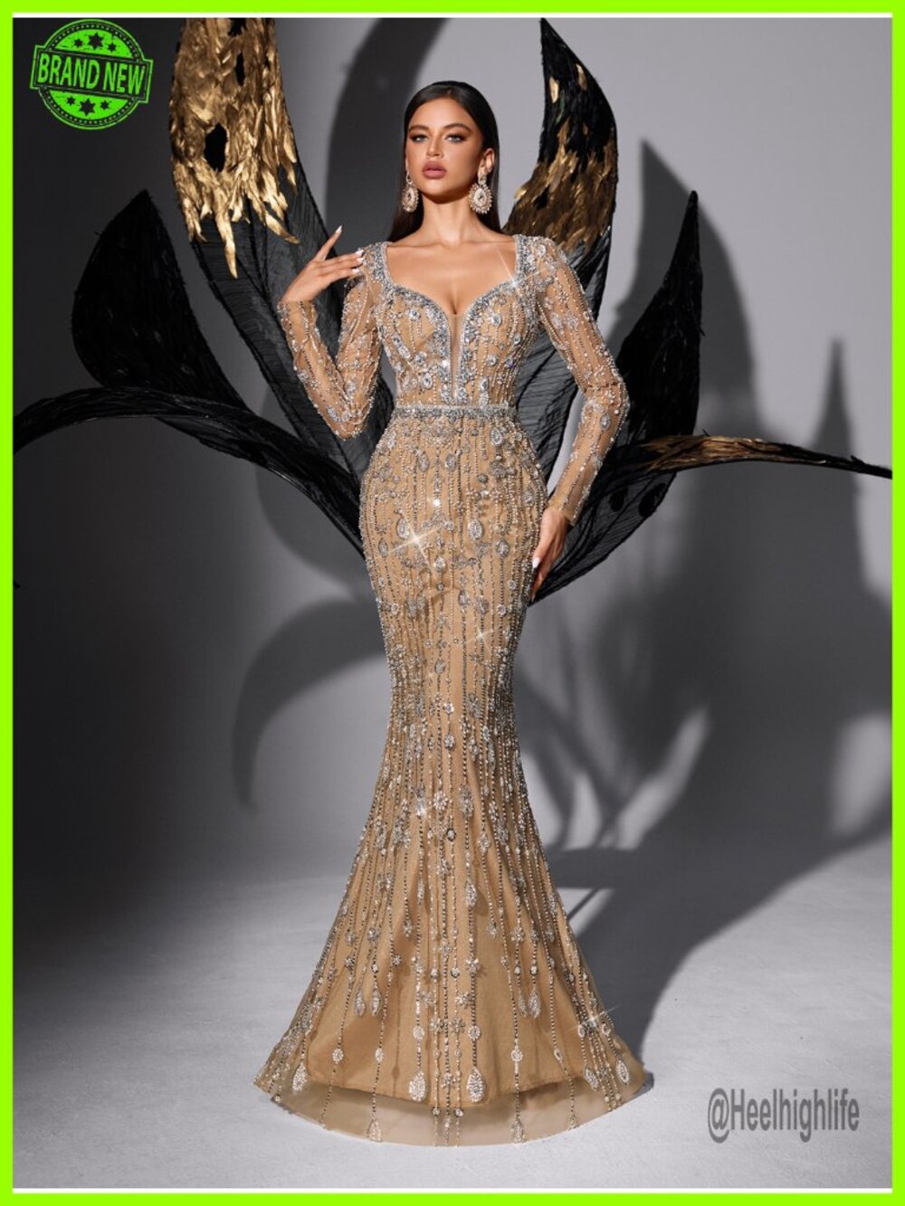 Sequin Beaded Mermaid Prom Dress Long Sleeve Formal Evening Gown - Picture 6 of 6